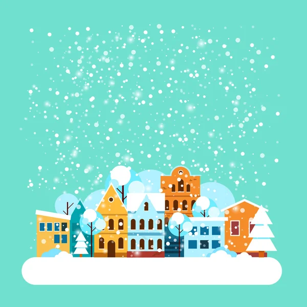 Card with city winter landscape with falling snow. Winter holidays landscape with snow covered city. Merry Christmas and Happy New Year greeting card. Vector Flat illustrations.