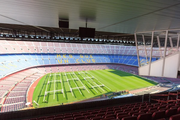 Football stadium Camp Nou interior panorama with grass field, stands and commentators boxes in Barcelona