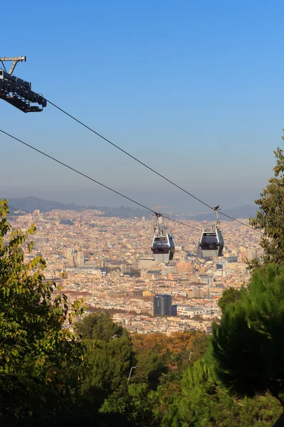 Aerial gondola lift with cable car and Barcelona cityscape panorama seen from Montjuic, Spain