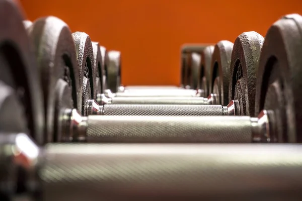 Line of dumbbells in the gym