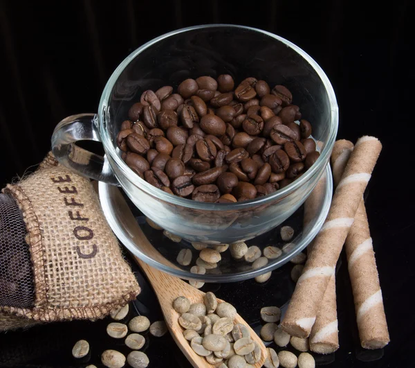 Coffee beans with coffee bag