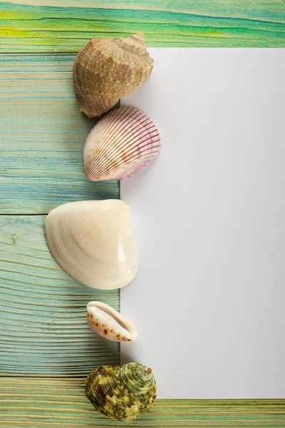 Summer sea vacation mockup background. Notebook blank page with Travel items on blue green wooden table. Sea shells, pebbles, top view.