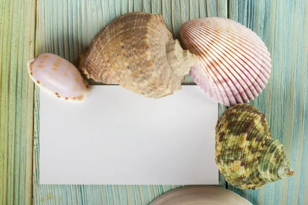 Summer sea vacation mockup background. Notebook blank page with Travel items on blue green wooden table. Sea shells, pebbles, top view.