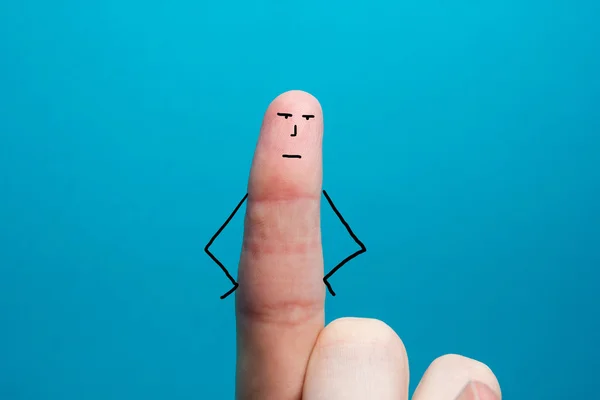 One funny comic hands finger smiling on blue background. Concept image