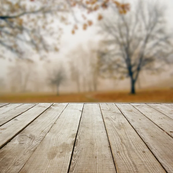 Wooden perspective floor with planks on blurred natural autumn background, can use for display or montage your products template. Copy space. Vintage toned.