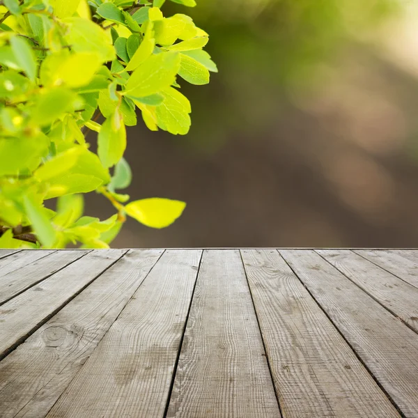 Wooden perspective floor with planks on blurred summer background