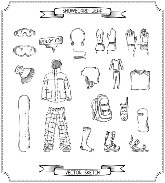 Pencil sketch of snowboard gear.