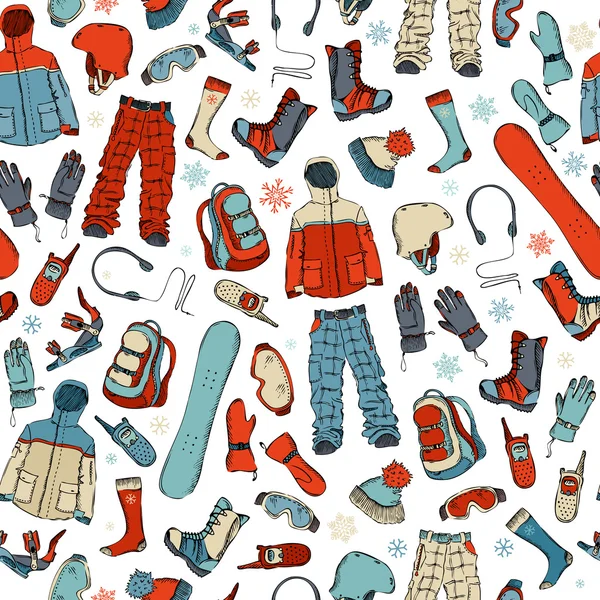 Seamless pattern of snowboard kit on white background.