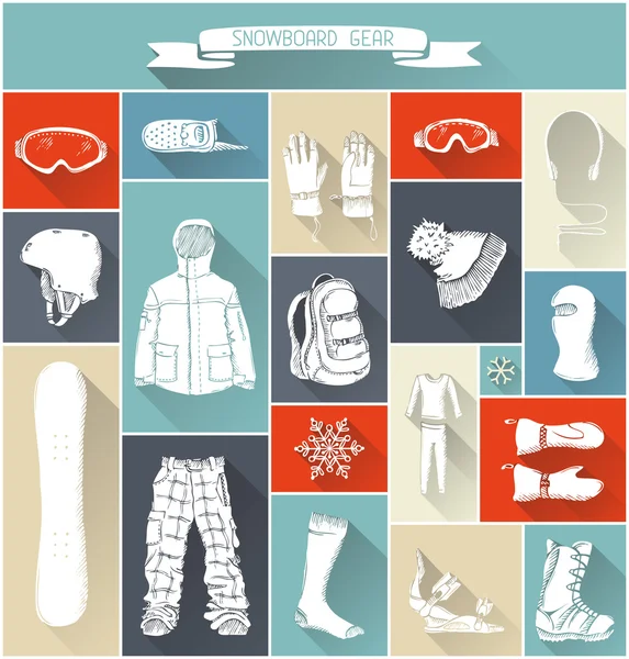 Vector set of snowboard gear silhouettes.