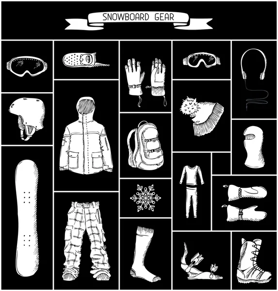 Vector set of snowboard clothing and kit silhouettes.