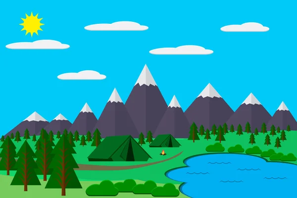 Mountains with forest and lake landscape flat vector illustration, for camping and hiking, Extreme sports, outdoor adventure, with recreation place, tents and fire