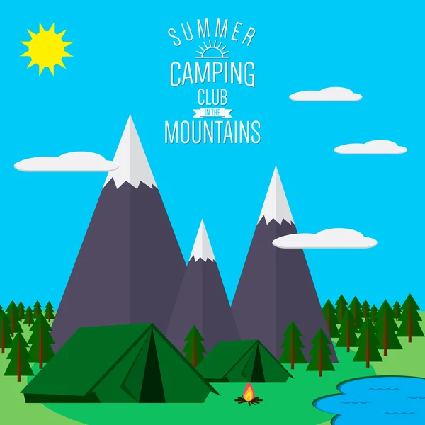 Mountains with forest and lake landscape flat vector illustration, for camping and hiking, Extreme sports, outdoor adventure, with recreation place, tents and fire
