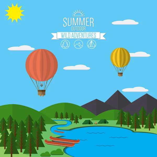 Mountains with forest and river trail landscape flat vector illustration, for camping and hiking, Extreme sports, rafting and hot air baloons outdoor adventure, with recreation place, tents and fire
