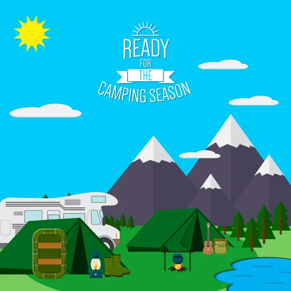 City and Mountains with forest and lake landscape flat vector illustration, concept for holiday and vacation, camping and hiking, outdoor adventure, with recreation place, tents raft and RV