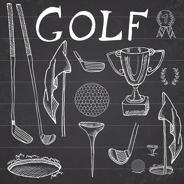 Golf Sport Hand drawn sketch set vector illustration with golf clubs, ball, tee, hole with flag, and prize cup, Drawing doodles elements collection, on chalkboard background