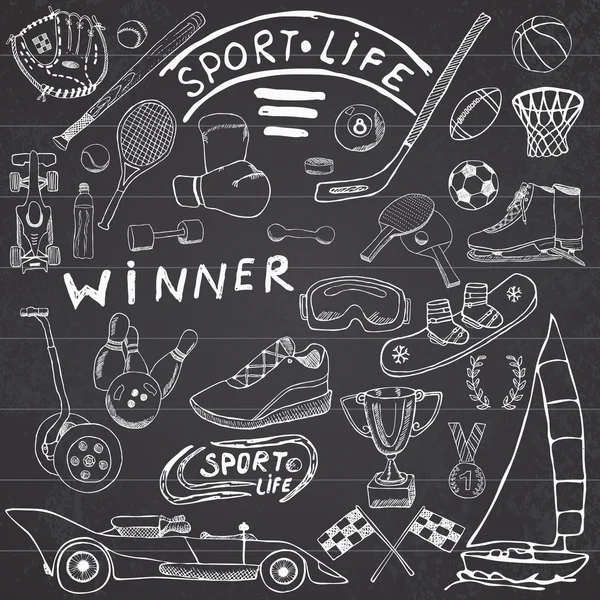 Sport life sketch doodles elements. Hand drawn set with baseball bat, glove, bowling, hockey tennis items, race car, cup medal, boxing, winter sports. Drawing collection, on chalkboard background