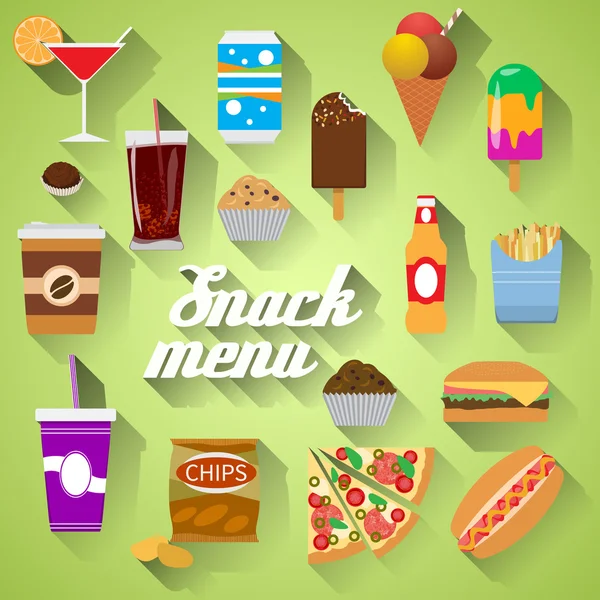 Snack Menu Flat design modern vector illustration of food, drink, coffee, hamburger, pizza, beer, cocktail, fastfood, cola, ice cream, potato chips, candy icons with long shadow
