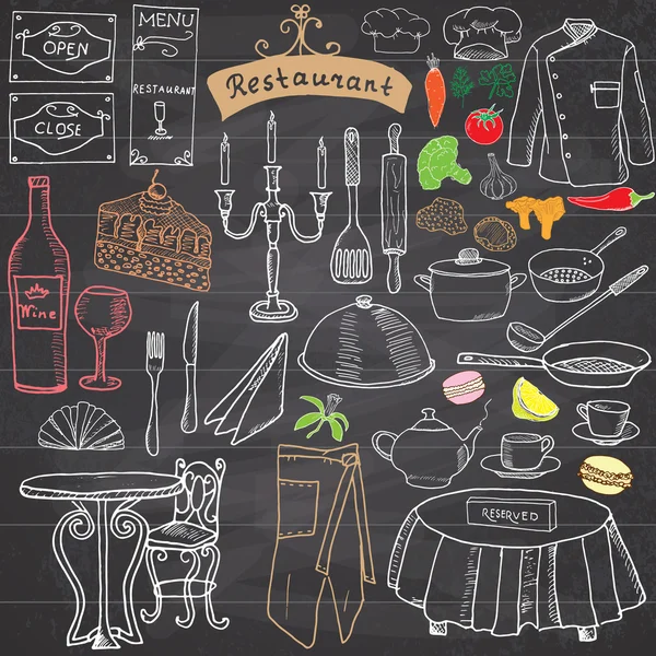 Restaurant sketch doodles set. Hand drawn elements food and drink, knife, fork, menu, chef uniform, wine bottle, waiter apron Drawing doodle collection, on chalkboard
