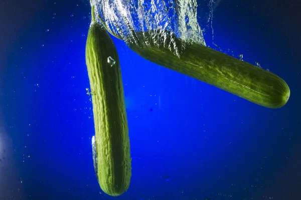 Two green cucumber in water on a blue background