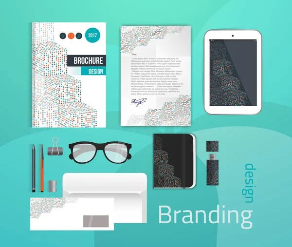 Corporate identity template set. Business stationery mock-up for branding design. Letter envelope, card, catalog, pen, pencil, tablet pc, letterhead, brochure cover.
