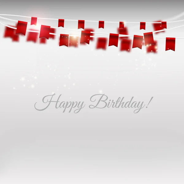 Vector red holiday flags set on gray background with shiny particles. Happy Birthday card.