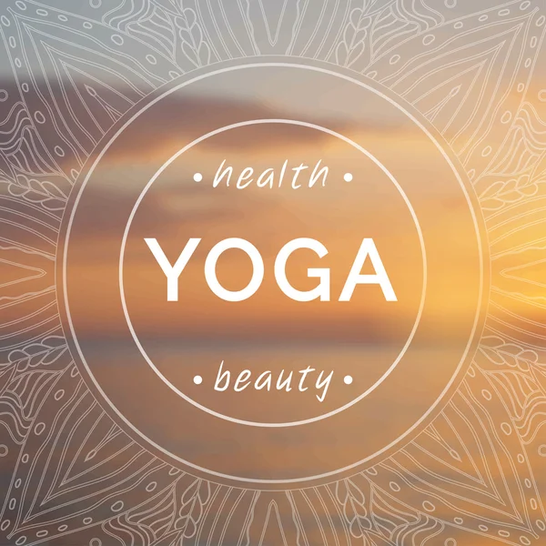 Vector yoga illustration. Name of yoga studio on a sunset background.