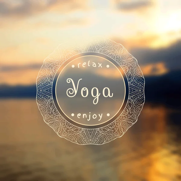 Vector yoga illustration. Name of yoga studio on a sunset background.