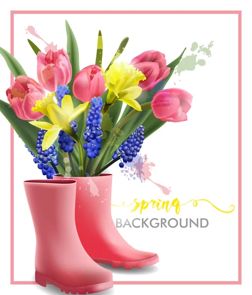 Spring background with Blooming spring flowers, pink tulips, Narcissus and with pink boots. Spring Concept. Template Vector.