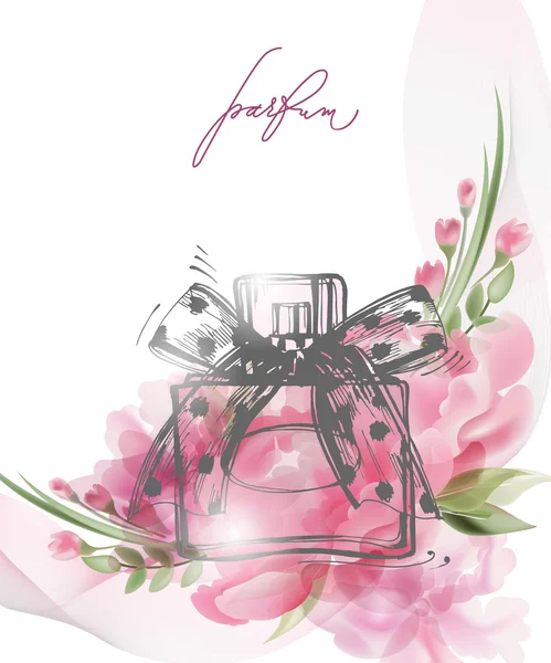 Beautiful perfume bottle with blooming beautiful pink flowers . Beautiful and fashion background. Template Vector.