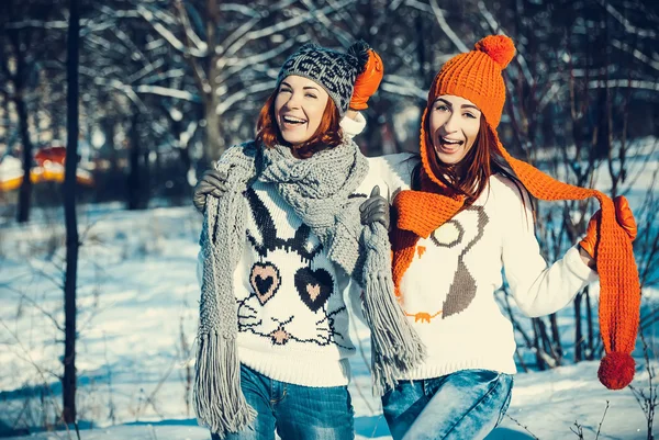 Two girl friends in winter outdoors