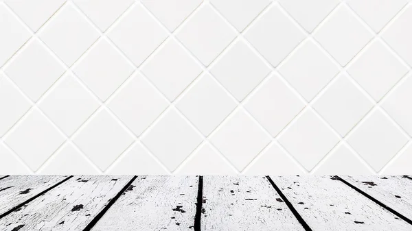 White wooden floor and small white rhomboid mosaic front