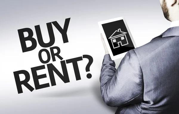 Business man with the text Buy or Rent? in a concept image