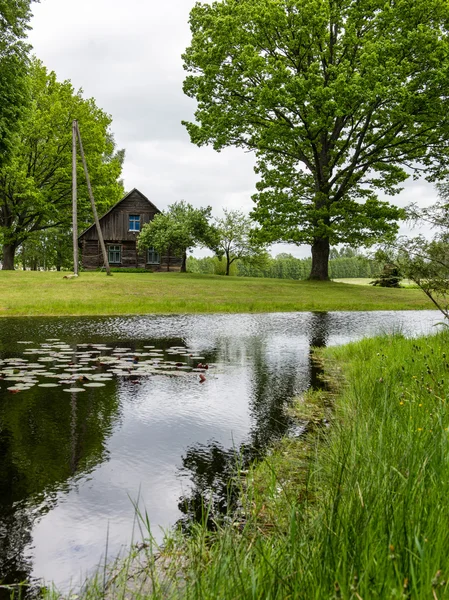 Country house with pond and oak trees with pond