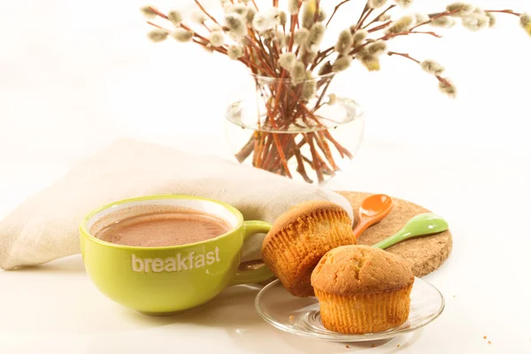Breakfast: a cocoa cup, biscuits, willow branches in a vase