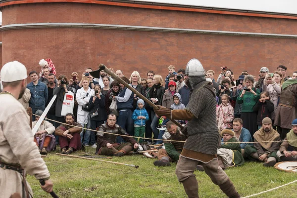 Saint Petersburg, Russia - may 28, 2016: Vikings go fight on the Historical reconstruction of the 28 may, 2016, in Saint Petersburg, Russia