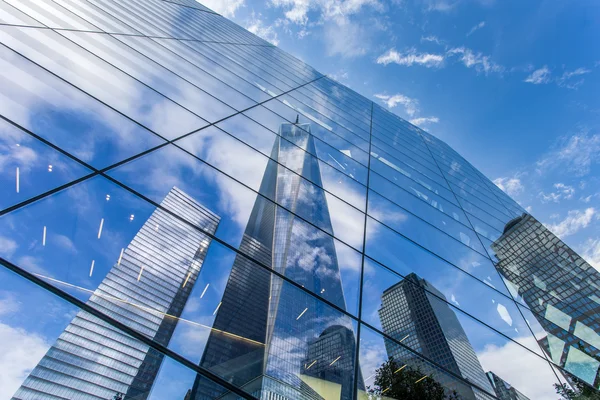 Skyscrapers rising up to sky on Lower Manhattan, including the Freedom Tower