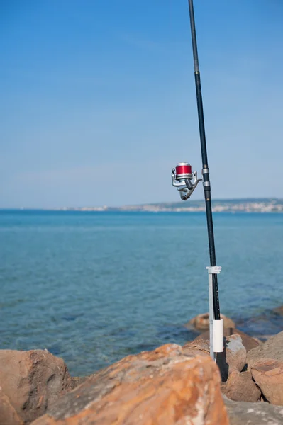 Fishing pole with red reel on blue sea