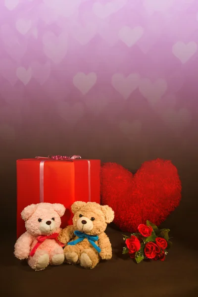 Valentines Day background with hearts, teddy bear, red roses, gi
