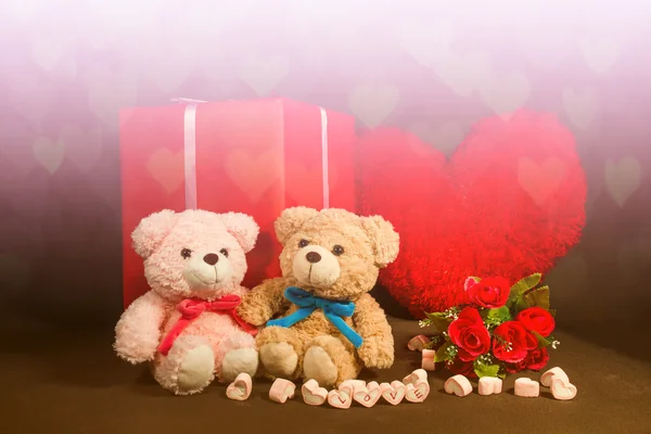 Valentines Day background with hearts, teddy bear, red roses, gi