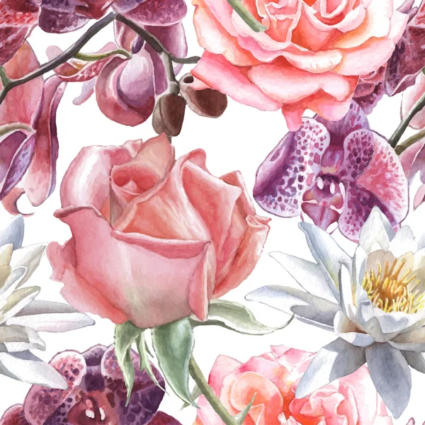 Seamless pattern with watercolor flowers. Rose, orchid and lily.