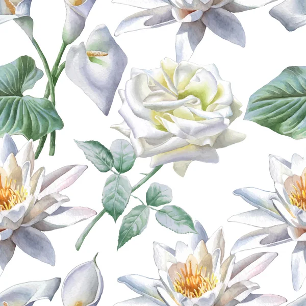 Seamless pattern with white flowers. Rose. Calla. Lily.