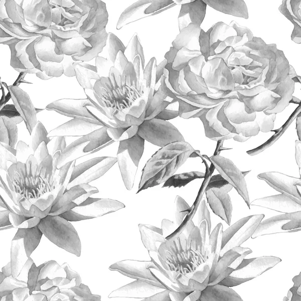 Monochrome seamless pattern with watercolor flowers. Rose and lily.