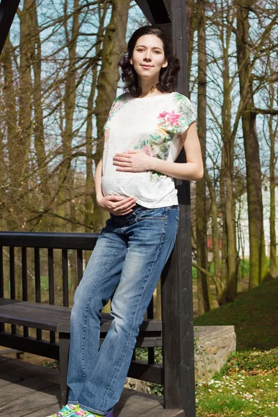 Beautiful pregnant woman in casual clothes walking in the park.