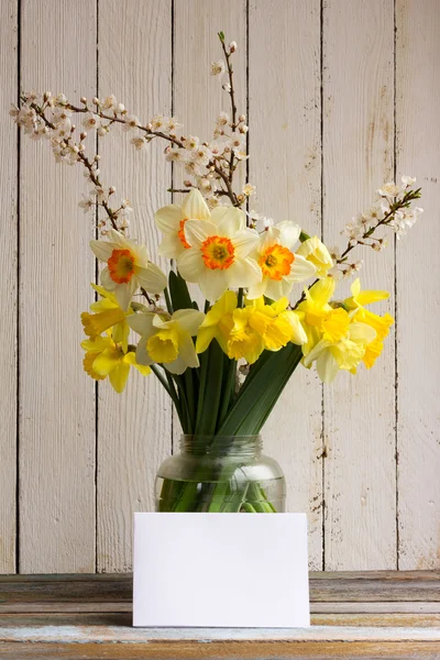 Bouquet of daffodilsin and blossoming plum branch a glass jar with a blank greeting card on a wooden table in the background of the white wooden wall with copy space. Provence style