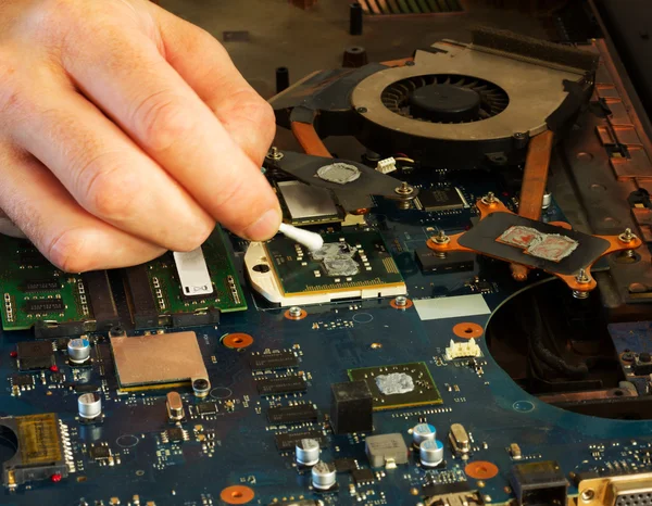 Computer repair. Remove old thermal paste on the laptop processor. selective focus