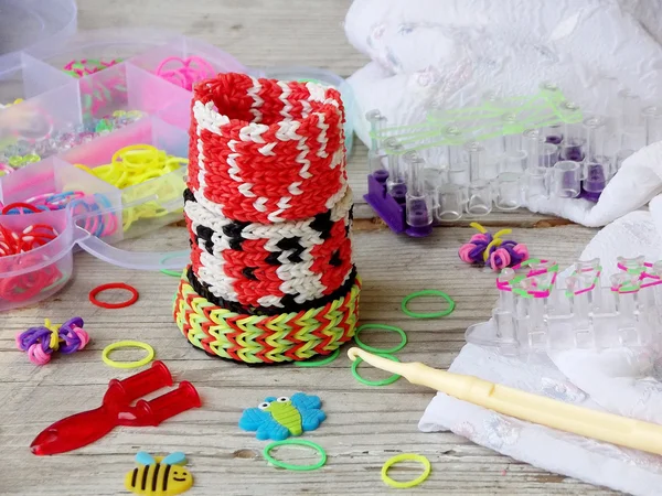 Colorful of elastic rainbow loom bands kit and bracelets