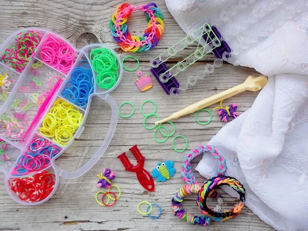 Colorful of elastic rainbow loom bands kit and bracelets