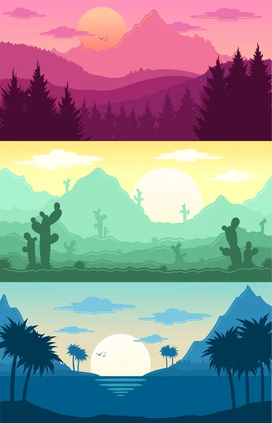 Mountains, tropical and desert landscapes vector illustration