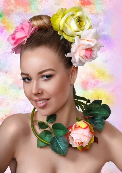 Fashion Beauty Model Girl with Rose Flowers Hair. Make up and Hair Style. Hairstyle. Nude makeup. Bouquet of Beautiful Flowers on lady's head.