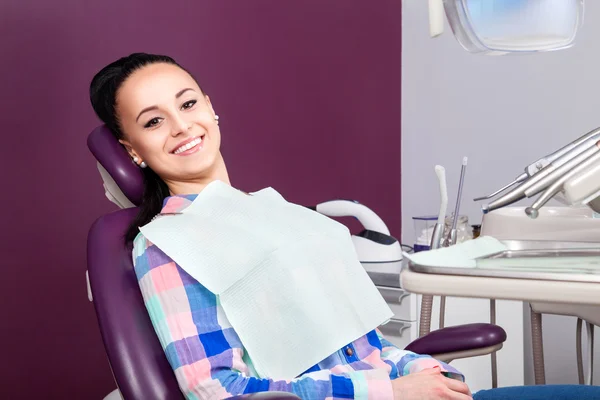 Woman patient with perfect straight white teeth waiting for dentist